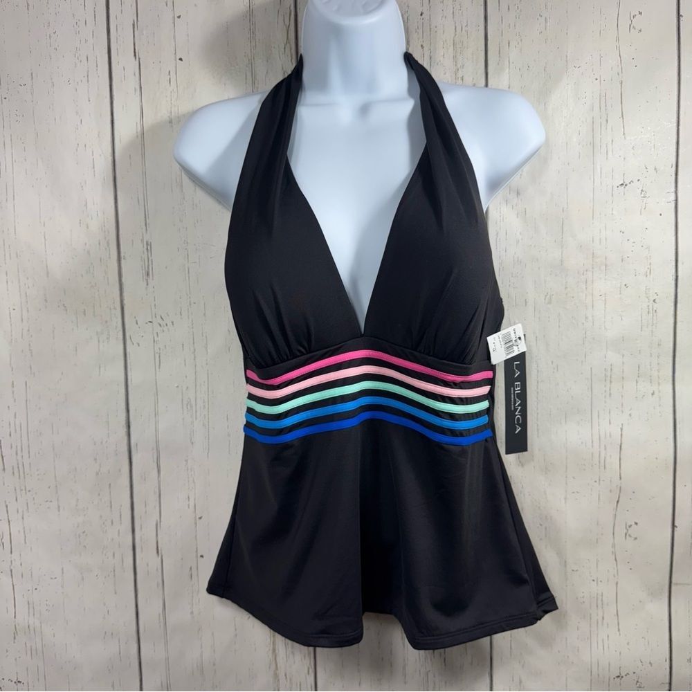 La Blanca Black Halter Tankini Rainbow Stripe Swim Top NWT Size 14 Vacation